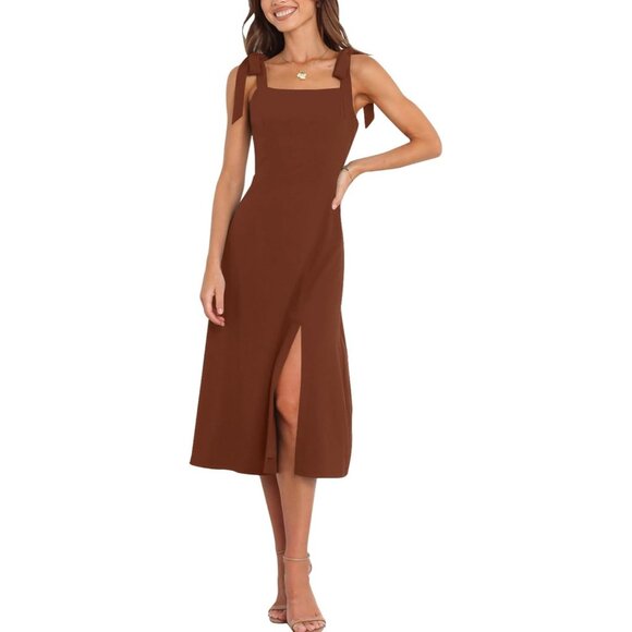 Dresses & Skirts - Women's Brown Elegant Square Neck Dresses Split Mid Formal Cocktail Party